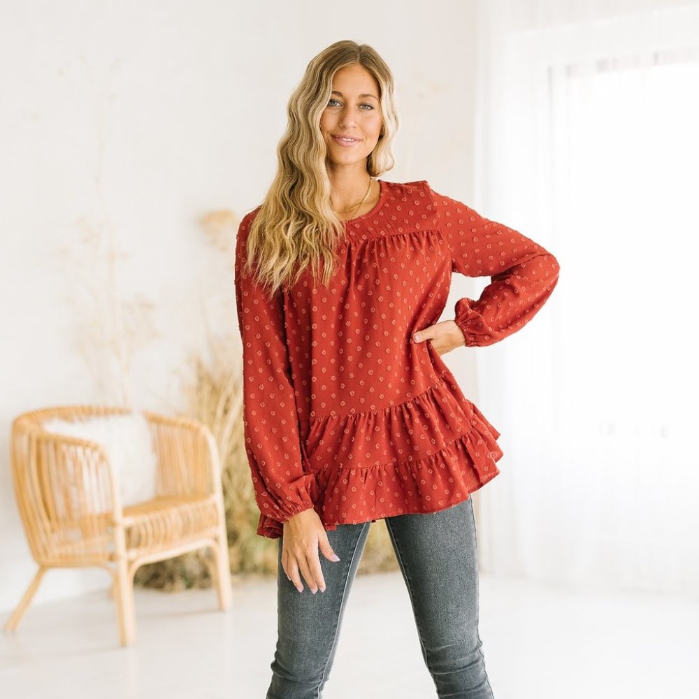 Long Sleeve Rust Colored Ruffle Top - Picture 2 of 7